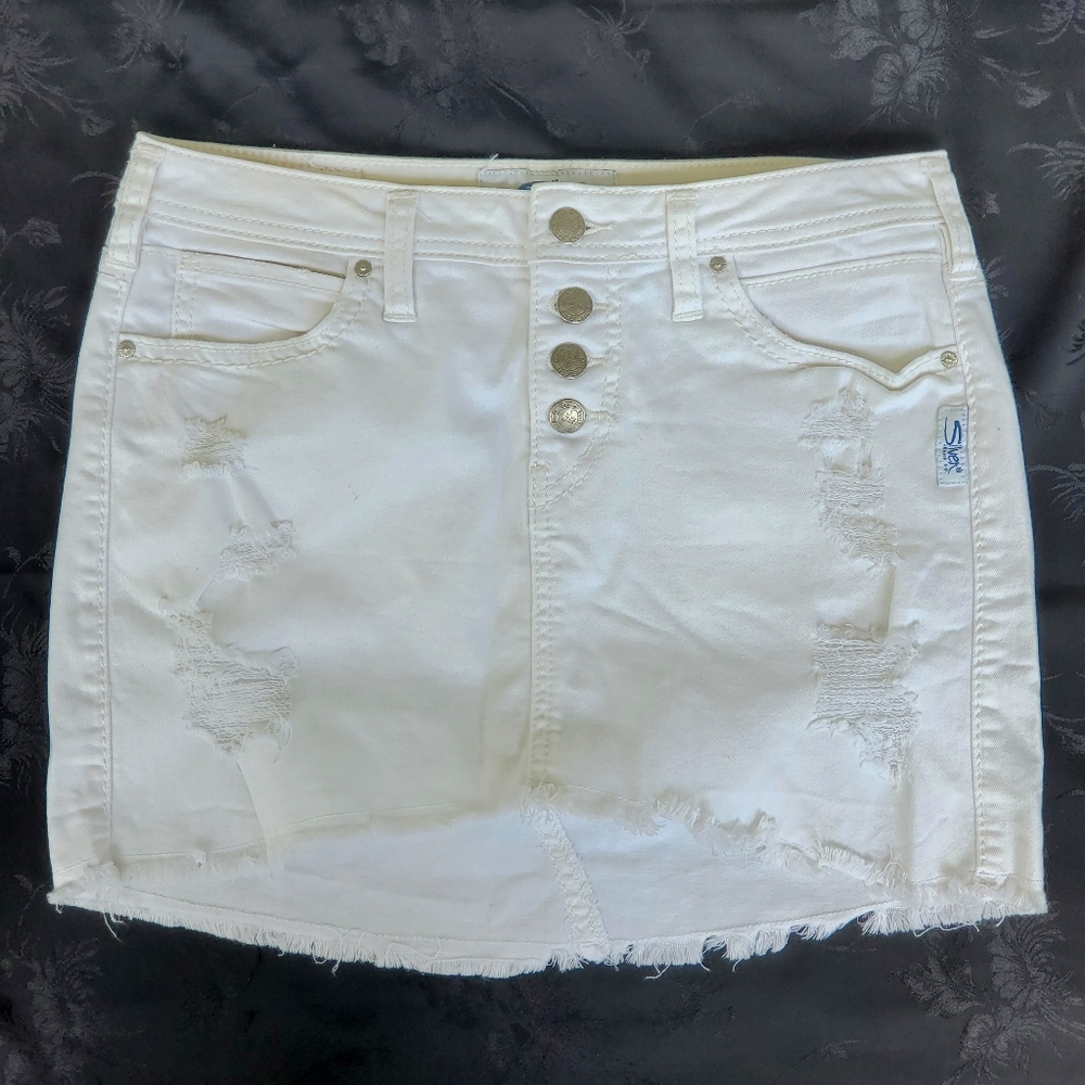Silver Jeans Francy Mini Jean Skirt Women's Size 4 White Short Raw Edge